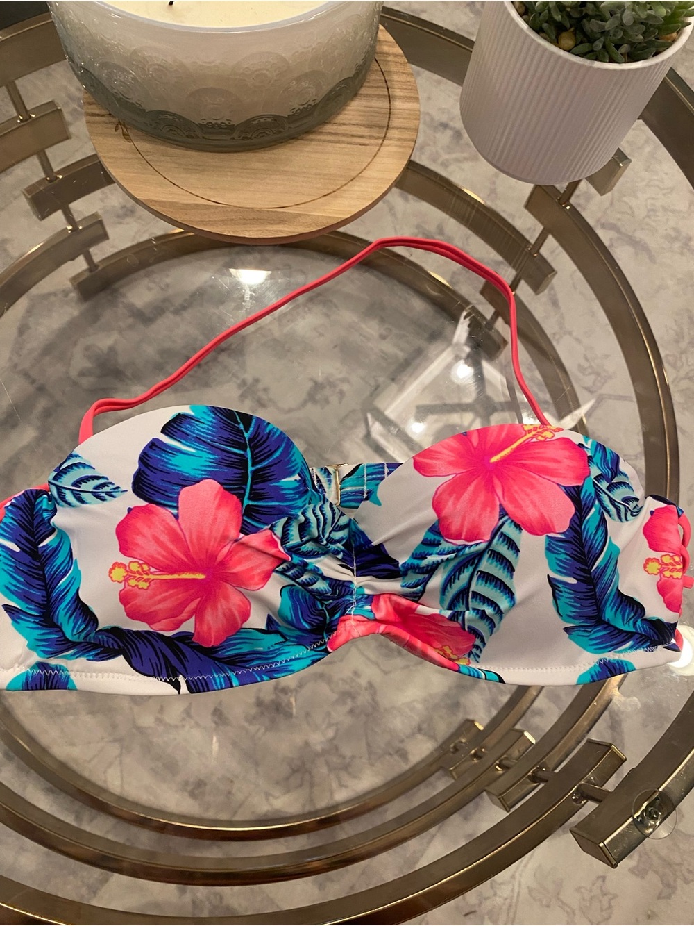 Tropical Floral Bandeau Bikini Top - White with Pink & Blue Floral